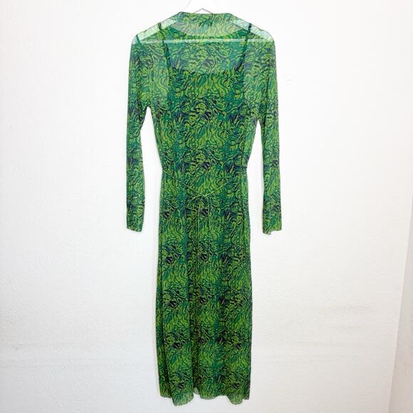 & Other Stories Long Sleeve Pleated Mesh Green Midi Dress S - Picture 9 of 13